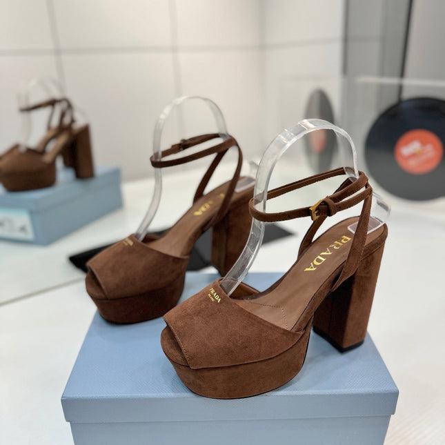 PRADA 26S HEELED SANDALS 115MM IN DARK BROWN SUEDE