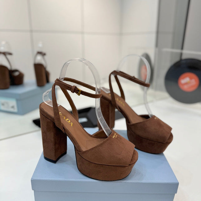 PRADA 26S HEELED SANDALS 115MM IN DARK BROWN SUEDE