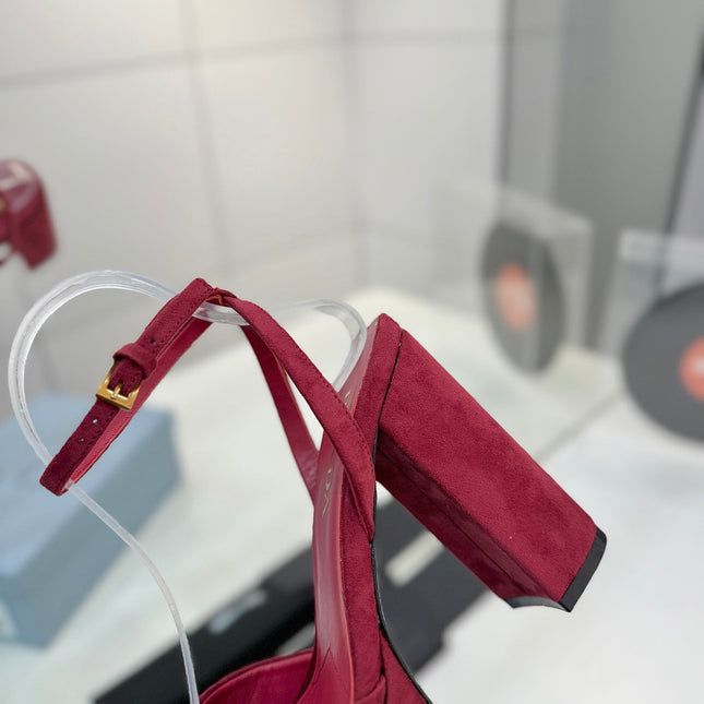 PRADA 26S HEELED SANDALS 115MM IN BURGUNDY RED SUEDE