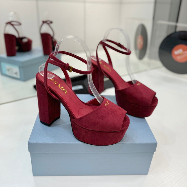 PRADA 26S HEELED SANDALS 115MM IN BURGUNDY RED SUEDE