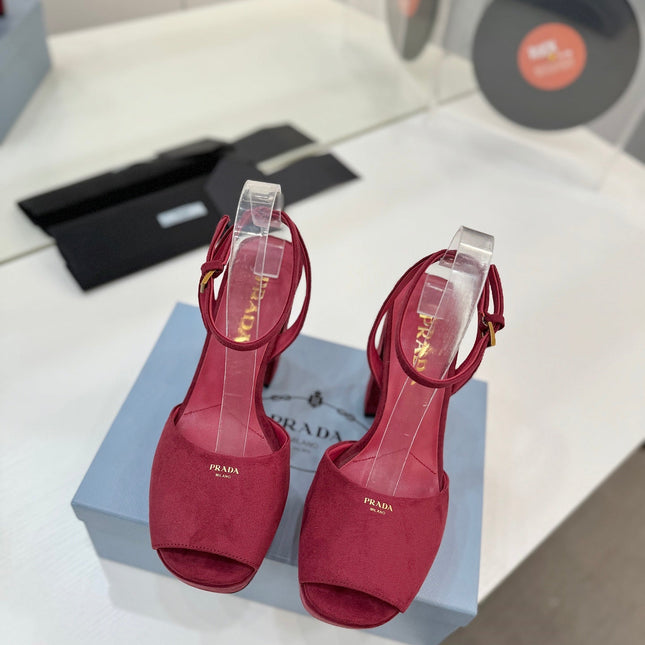 PRADA 26S HEELED SANDALS 115MM IN BURGUNDY RED SUEDE
