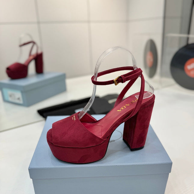 PRADA 26S HEELED SANDALS 115MM IN BURGUNDY RED SUEDE
