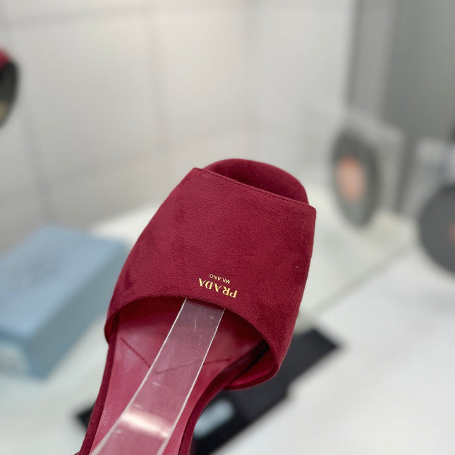 PRADA 26S HEELED SANDALS 115MM IN BURGUNDY RED SUEDE