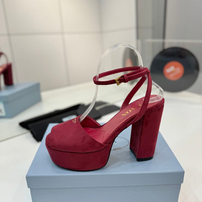PRADA 26S HEELED SANDALS 115MM IN BURGUNDY RED SUEDE
