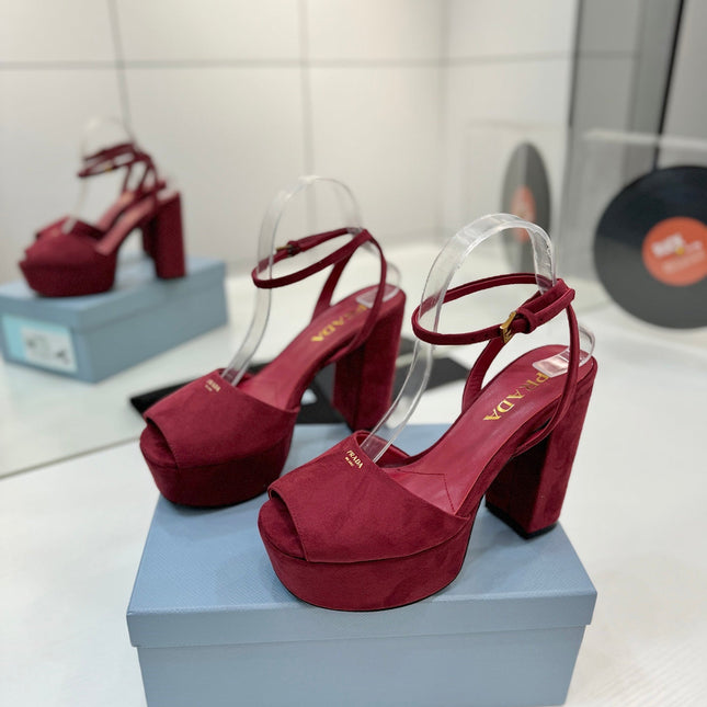 PRADA 26S HEELED SANDALS 115MM IN BURGUNDY RED SUEDE