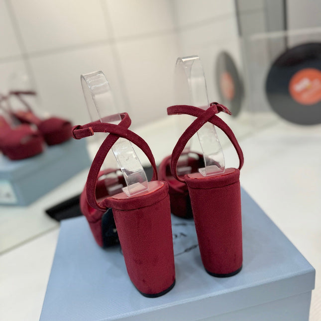 PRADA 26S HEELED SANDALS 115MM IN BURGUNDY RED SUEDE