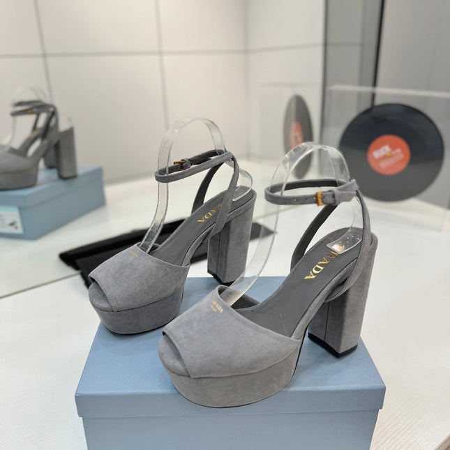 PRADA 26S HEELED SANDALS 115MM IN GRAY SUEDE
