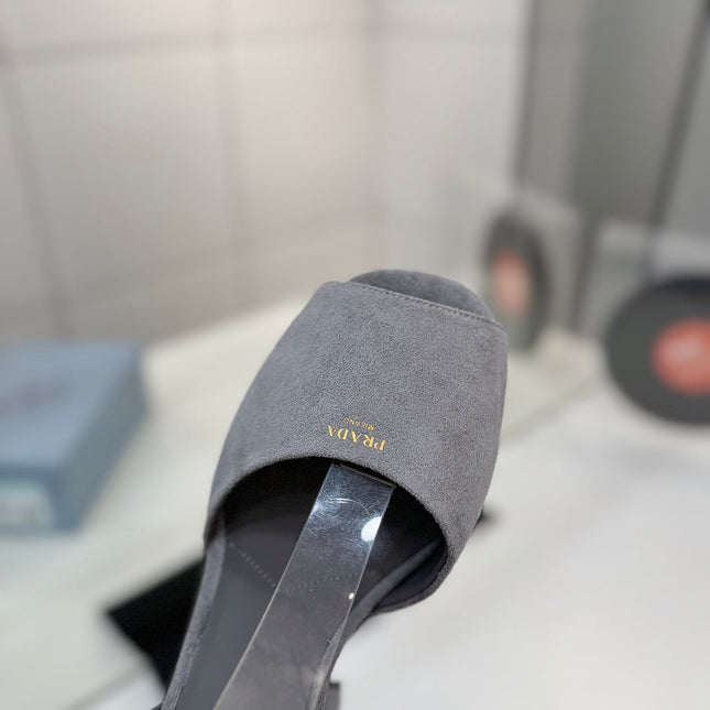 PRADA 26S HEELED SANDALS 115MM IN GRAY SUEDE