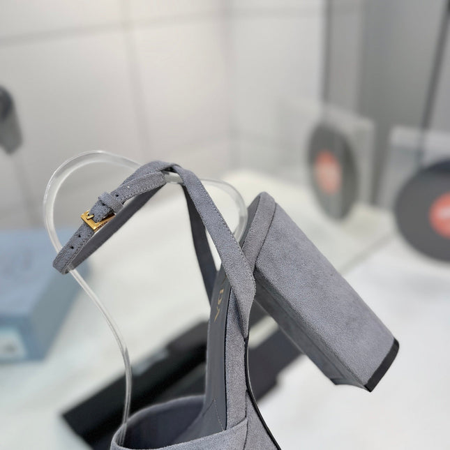 PRADA 26S HEELED SANDALS 115MM IN GRAY SUEDE