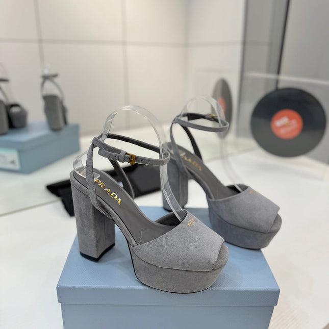 PRADA 26S HEELED SANDALS 115MM IN GRAY SUEDE