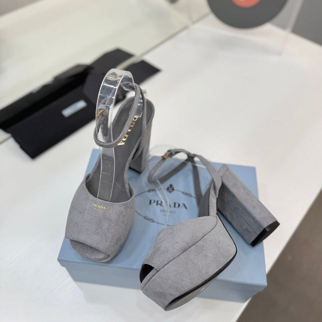 PRADA 26S HEELED SANDALS 115MM IN GRAY SUEDE
