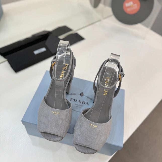 PRADA 26S HEELED SANDALS 115MM IN GRAY SUEDE