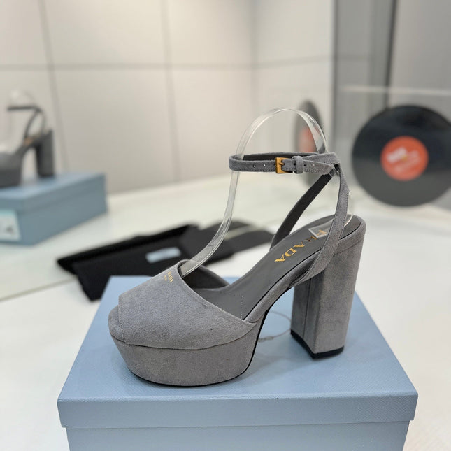 PRADA 26S HEELED SANDALS 115MM IN GRAY SUEDE
