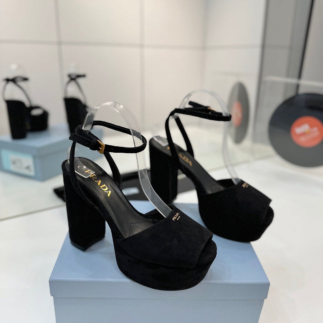 PRADA 26S HEELED SANDALS 115MM IN BLACK SUEDE