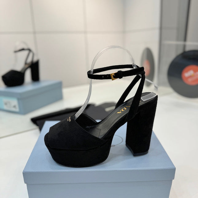 PRADA 26S HEELED SANDALS 115MM IN BLACK SUEDE