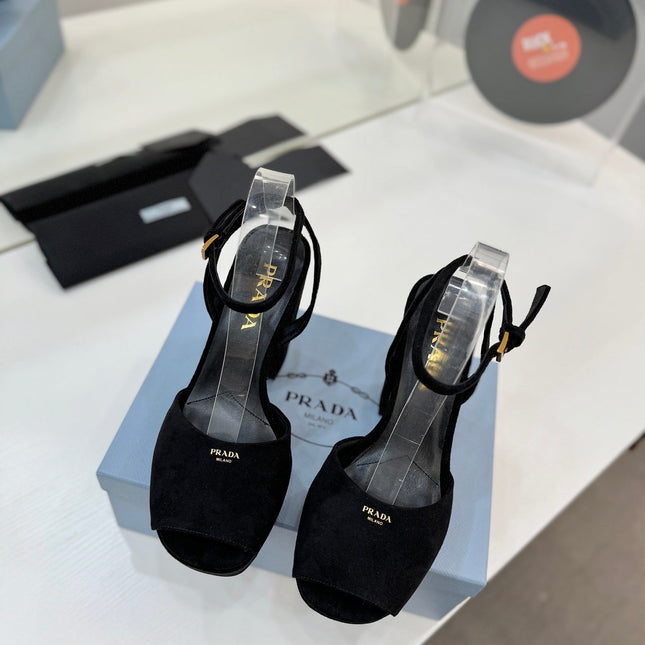 PRADA 26S HEELED SANDALS 115MM IN BLACK SUEDE
