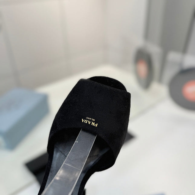 PRADA 26S HEELED SANDALS 115MM IN BLACK SUEDE