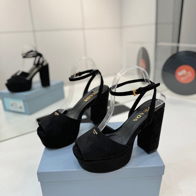 PRADA 26S HEELED SANDALS 115MM IN BLACK SUEDE