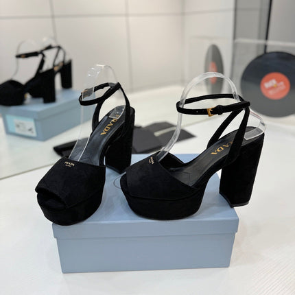 PRADA 26S HEELED SANDALS 115MM IN BLACK SUEDE