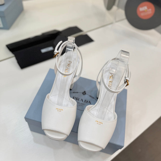 PRADA 26S HEELED SANDALS 115MM IN WHITE CALFSKIN