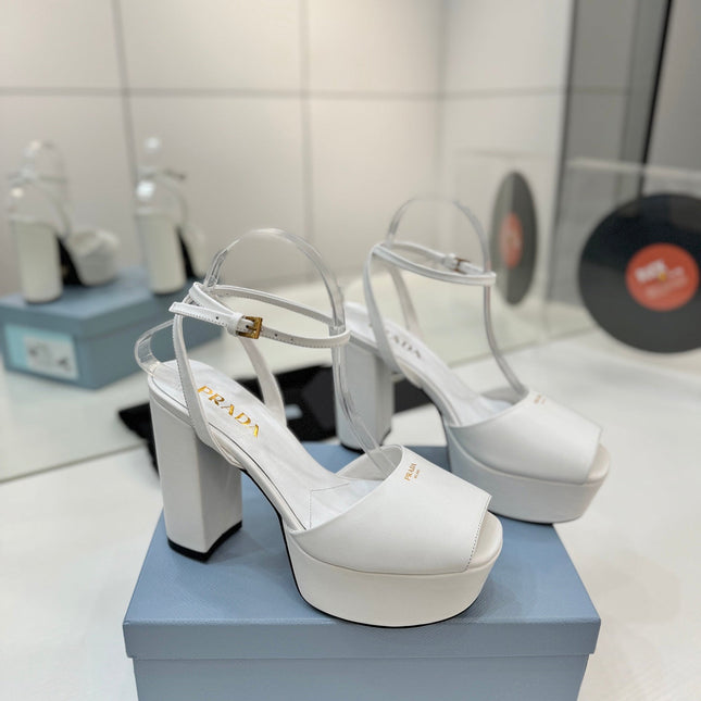 PRADA 26S HEELED SANDALS 115MM IN WHITE CALFSKIN