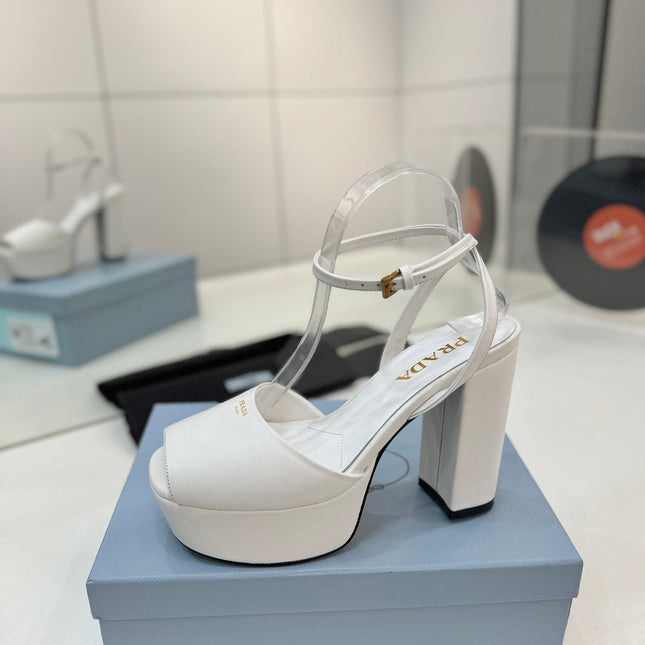 PRADA 26S HEELED SANDALS 115MM IN WHITE CALFSKIN
