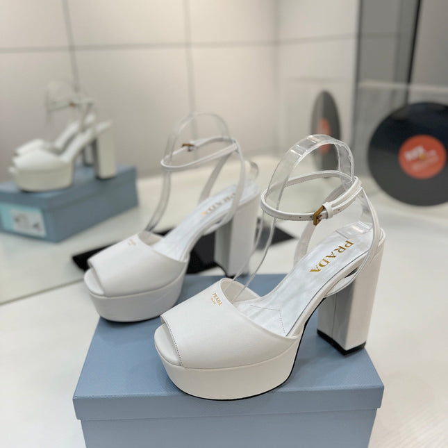 PRADA 26S HEELED SANDALS 115MM IN WHITE CALFSKIN