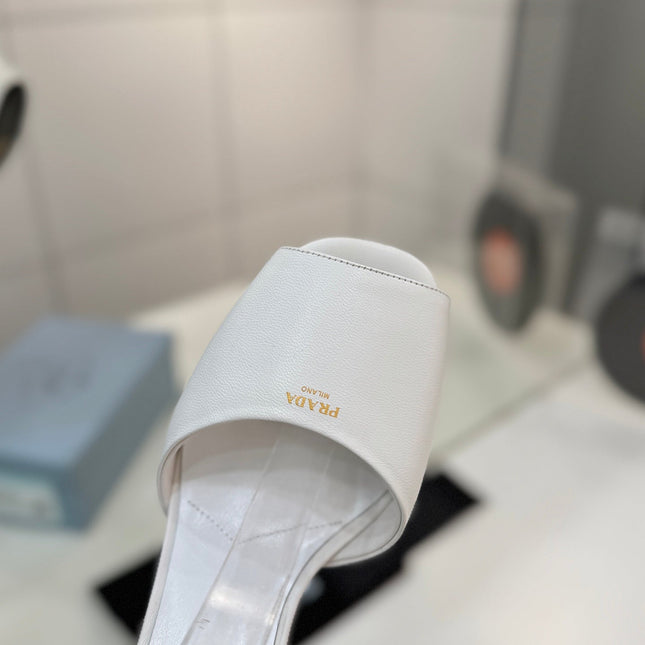 PRADA 26S HEELED SANDALS 115MM IN WHITE CALFSKIN