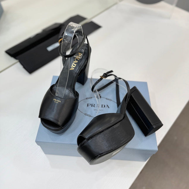 PRADA 26S HEELED SANDALS 115MM IN BLACK CALFSKIN