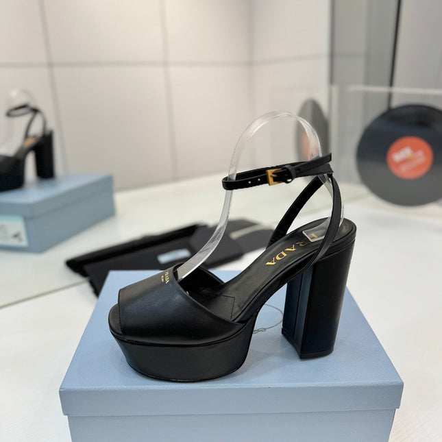 PRADA 26S HEELED SANDALS 115MM IN BLACK CALFSKIN
