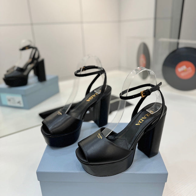 PRADA 26S HEELED SANDALS 115MM IN BLACK CALFSKIN
