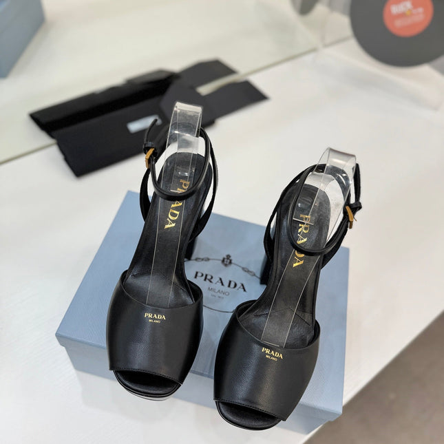 PRADA 26S HEELED SANDALS 115MM IN BLACK CALFSKIN