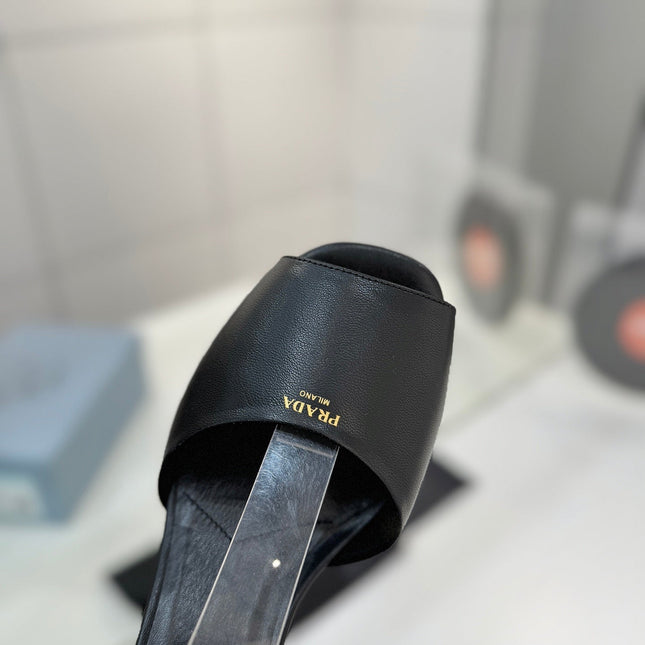 PRADA 26S HEELED SANDALS 115MM IN BLACK CALFSKIN