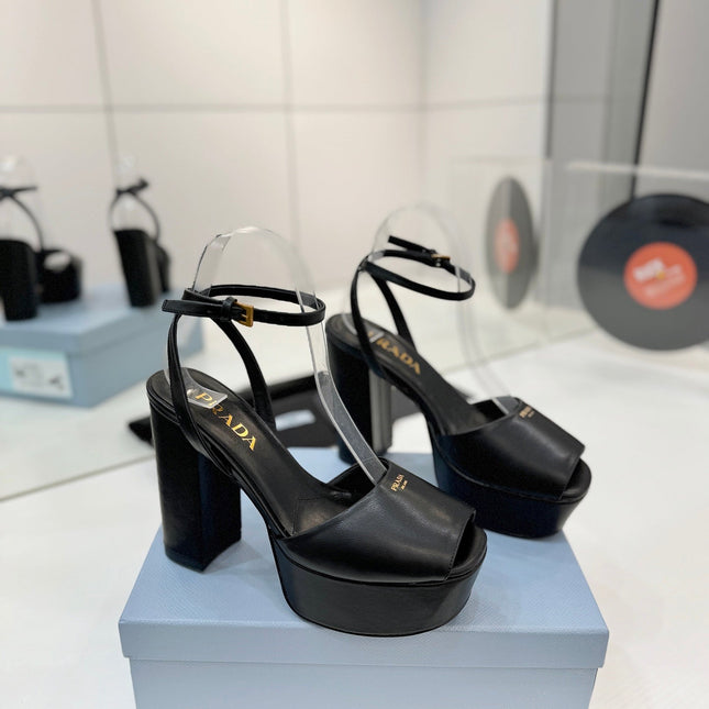 PRADA 26S HEELED SANDALS 115MM IN BLACK CALFSKIN
