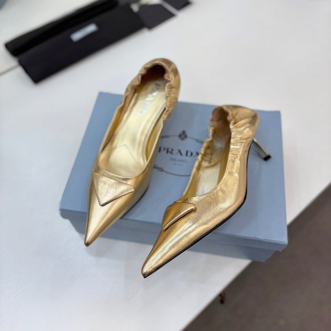 PRADA 26S PUMPS 55MM IN GOLD CALFSKIN WITH LOGO