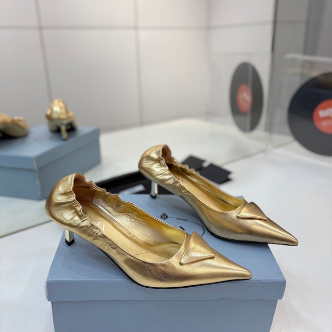 PRADA 26S PUMPS 55MM IN GOLD CALFSKIN WITH LOGO