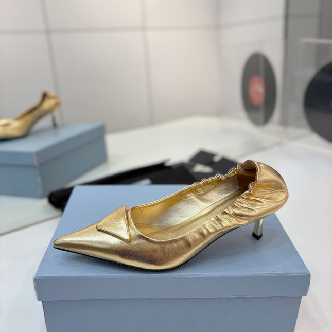 PRADA 26S PUMPS 55MM IN GOLD CALFSKIN WITH LOGO