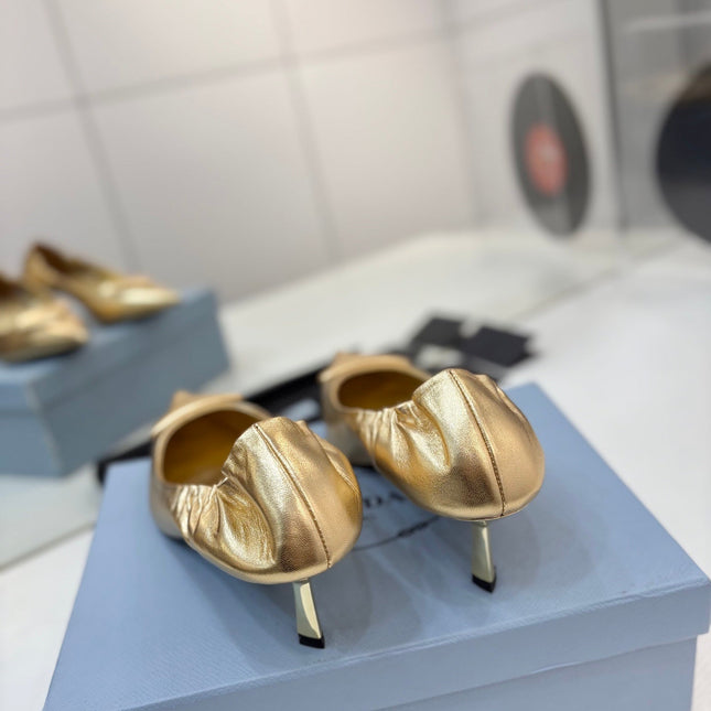 PRADA 26S PUMPS 55MM IN GOLD CALFSKIN WITH LOGO