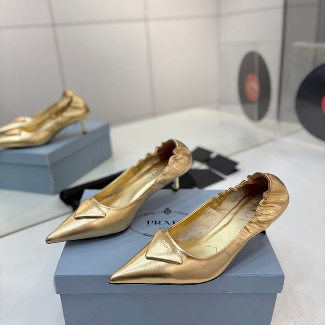 PRADA 26S PUMPS 55MM IN GOLD CALFSKIN WITH LOGO