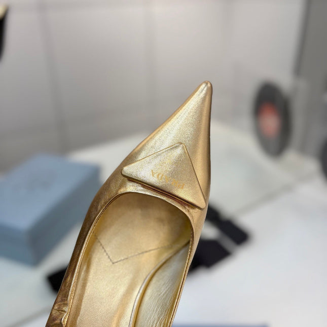 PRADA 26S PUMPS 55MM IN GOLD CALFSKIN WITH LOGO