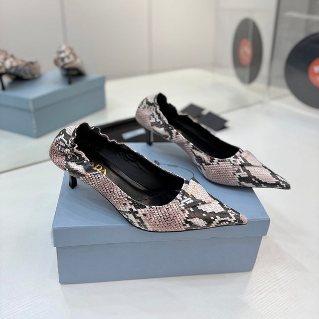PRADA 26S PUMPS 55MM IN PINK SNAKE PRINT CALFSKIN WITH LOGO