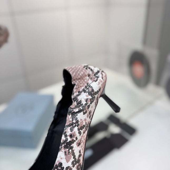 PRADA 26S PUMPS 55MM IN PINK SNAKE PRINT CALFSKIN WITH LOGO