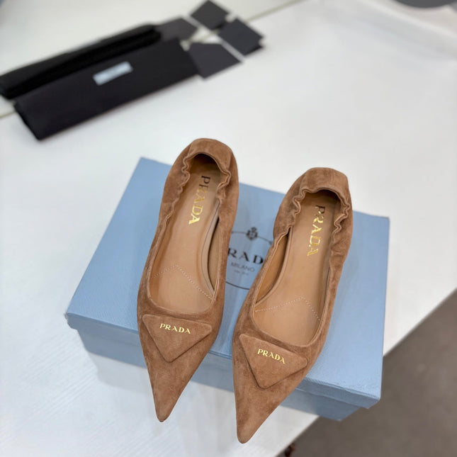 PRADA 26S PUMPS 55MM IN CARAMEL BROWN SUEDE WITH LOGO
