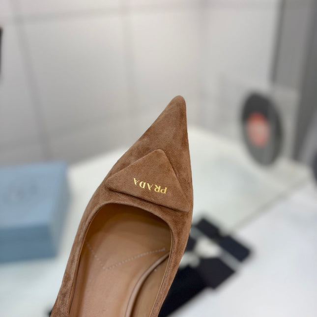 PRADA 26S PUMPS 55MM IN CARAMEL BROWN SUEDE WITH LOGO