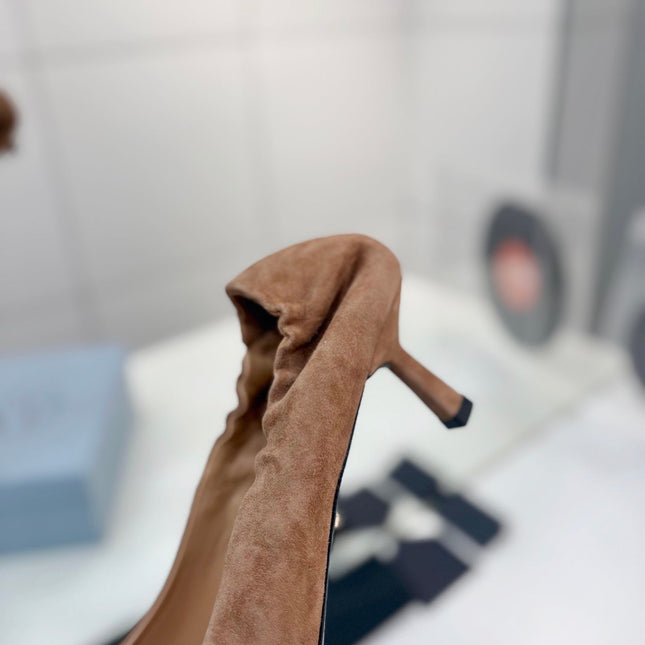 PRADA 26S PUMPS 55MM IN CARAMEL BROWN SUEDE WITH LOGO