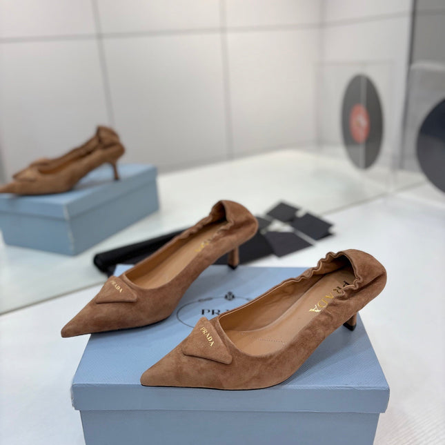 PRADA 26S PUMPS 55MM IN CARAMEL BROWN SUEDE WITH LOGO