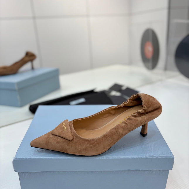 PRADA 26S PUMPS 55MM IN CARAMEL BROWN SUEDE WITH LOGO