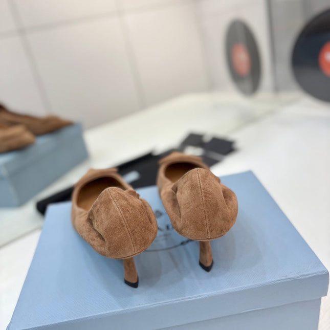 PRADA 26S PUMPS 55MM IN CARAMEL BROWN SUEDE WITH LOGO
