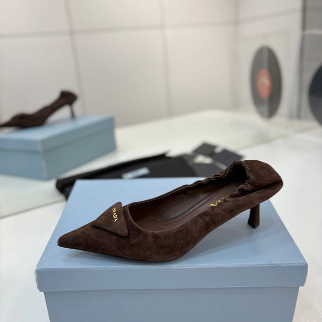 PRADA 26S PUMPS 55MM IN DARK BROWN SUEDE WITH LOGO