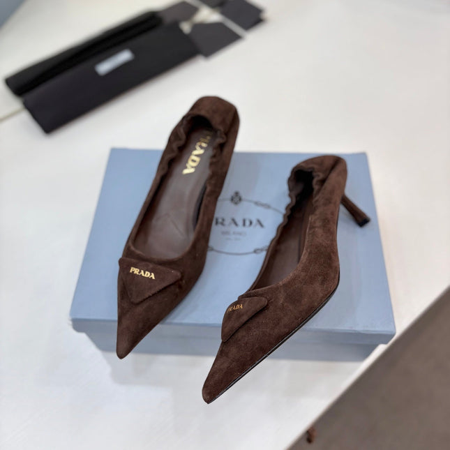 PRADA 26S PUMPS 55MM IN DARK BROWN SUEDE WITH LOGO